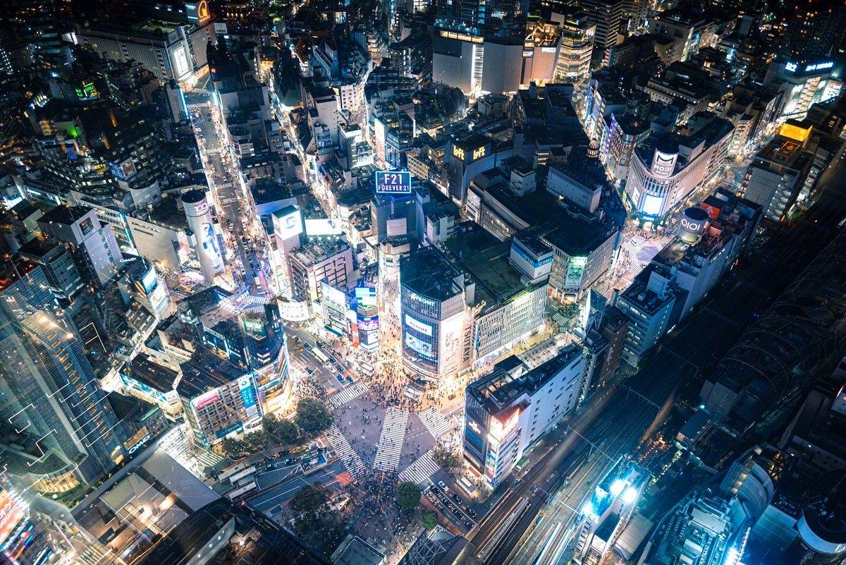 Aerial view of Shibuya Crossing in Tokyo at night